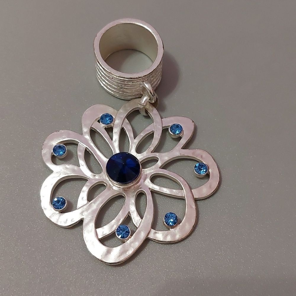Silver Tone Cutout Flower with Blue Rhinestone Accent Pendant Scarf Accent Decor - Picture 1 of 5